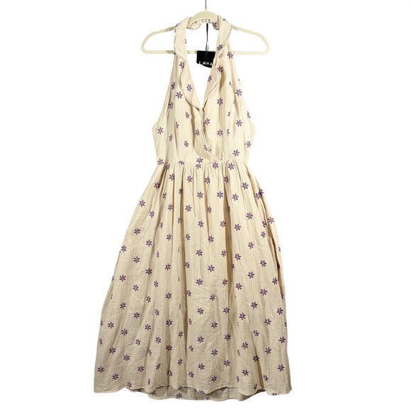 NEW J.Nna Cream Floral Embroidered Collar Halter Midi Dress Smocked Back Size M - Picture 2 of 10